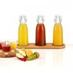 WOODEN BOTTLE BOARD W/ 3 GLASS BOTTLES X 1L with antislip pads