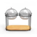 Squillo Black Steel Buffet Stand with 2 glass bowls plus Acrylic Covers D23 and Wooden Board
