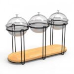 Squillo Black Steel Buffet Stand with 3 glass bowls plus Acrylic Covers D17 and Wooden Board