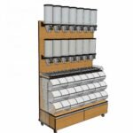bulk food merchandising fixture with 14 dispensers and 12 scoop bins-sells up to 38 items