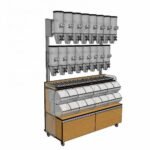 bulk food merchandising fixture with 16 proseries dispensers and 8 scoop bins-sells up to 32 items