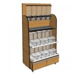 bulk food fixture with sliding shelves 5 dispensers and 6 fifo scoop bins-sells up to 17 items